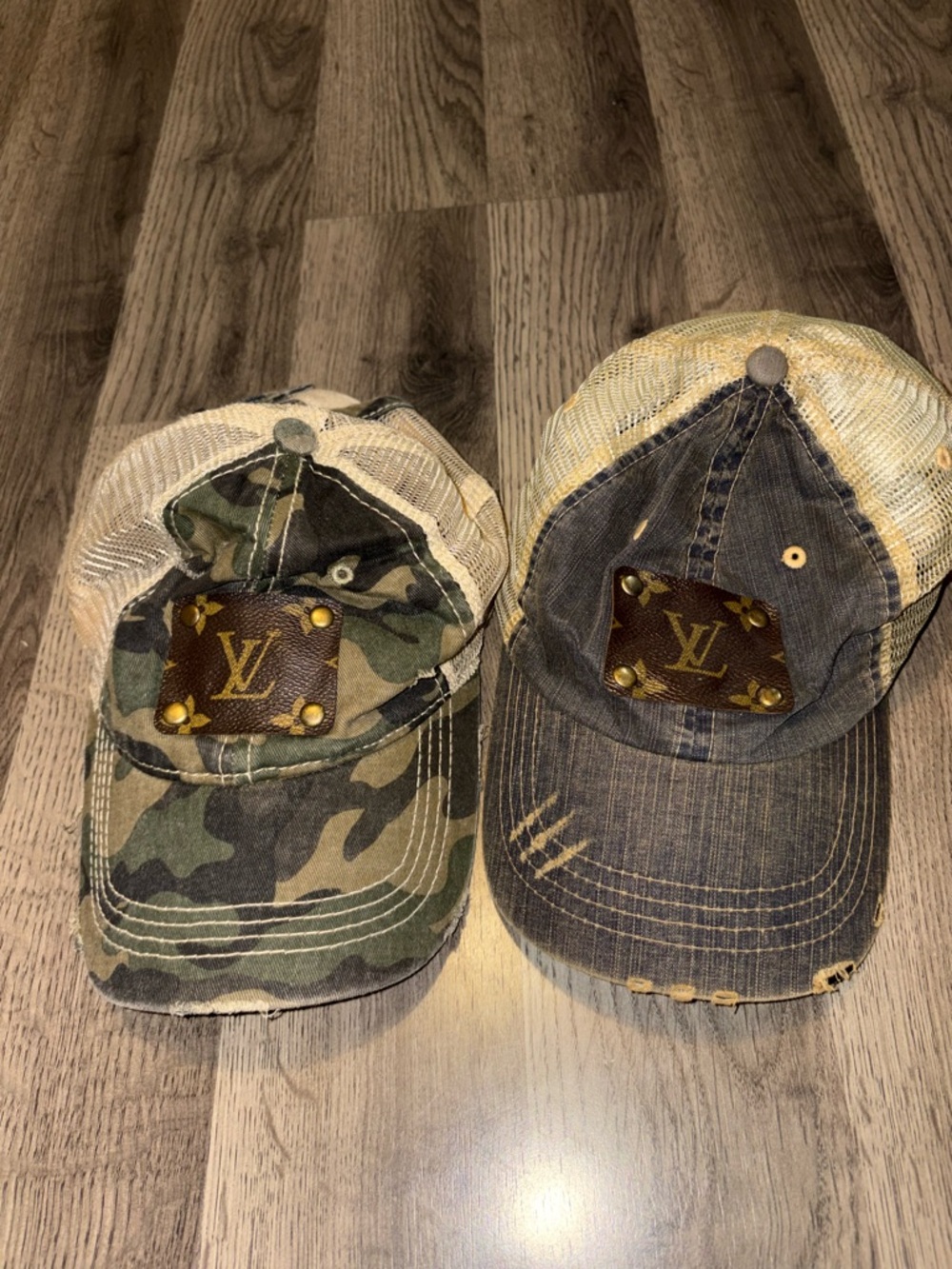 Pair of Distressed Trucker Caps with Leather Logo Patch - Camouflage & Denim LV